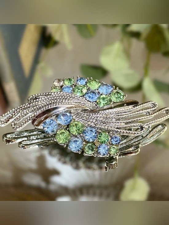 Coro Jewelry - Vintage Coro Large Brooch Signed Blue Green Rhinestones Silver Setting